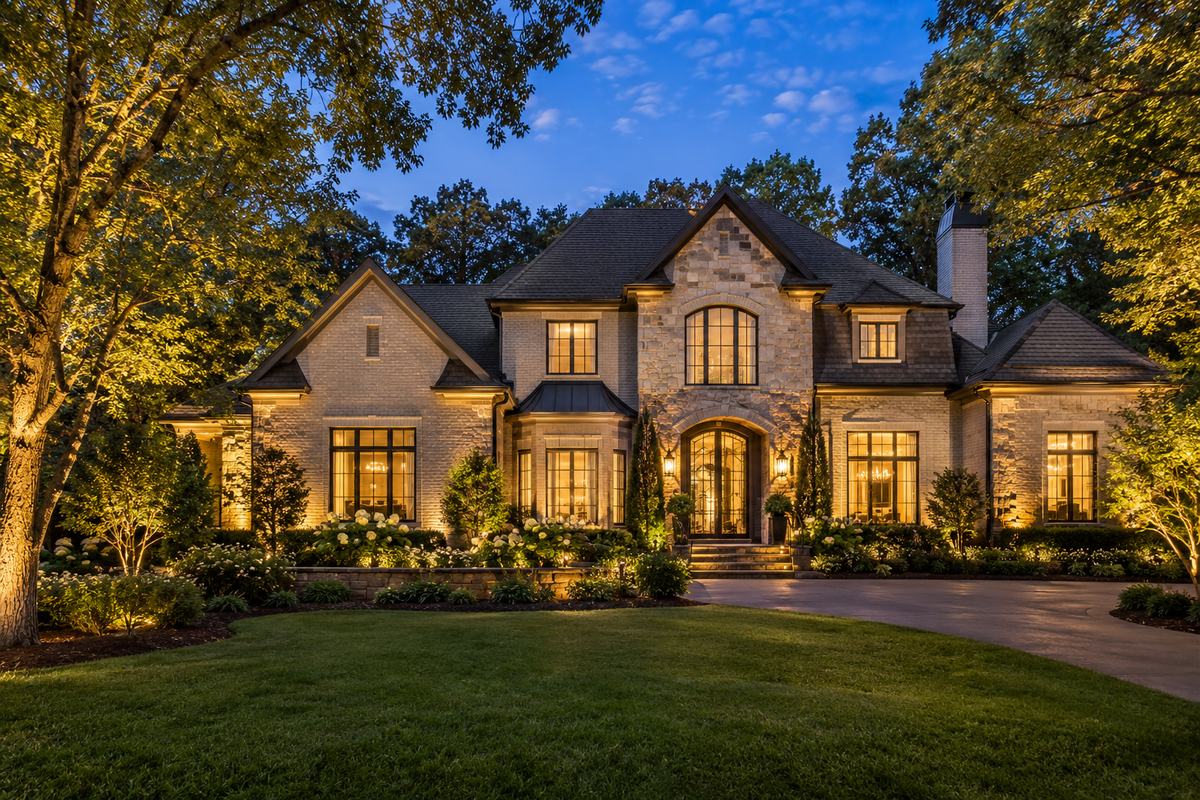A brick and stone home at dusk with brass uplights throwing light up two mature trees either side, washed stone on the entry and lit planting beds across the front