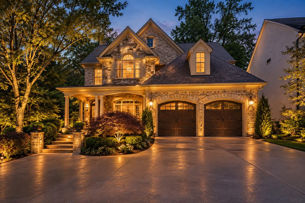A stone and brick home at dusk with brass uplights on a Japanese maple and the front trees, and low path lights along the steps and driveway edge