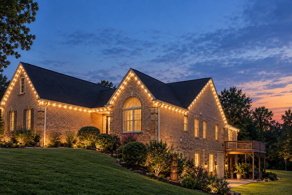 A brick two-storey home at dusk with permanent eave lighting running the gables and rooflines in plain warm white, with uplit shrubs along the beds below