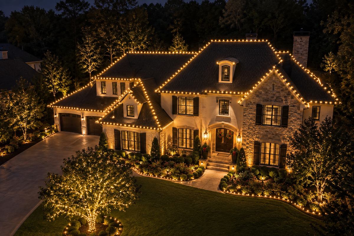 A stone and brick home at Christmas with warm white lighting along every roofline, a wrapped tree and uplit trees and planting beds across the front lawn